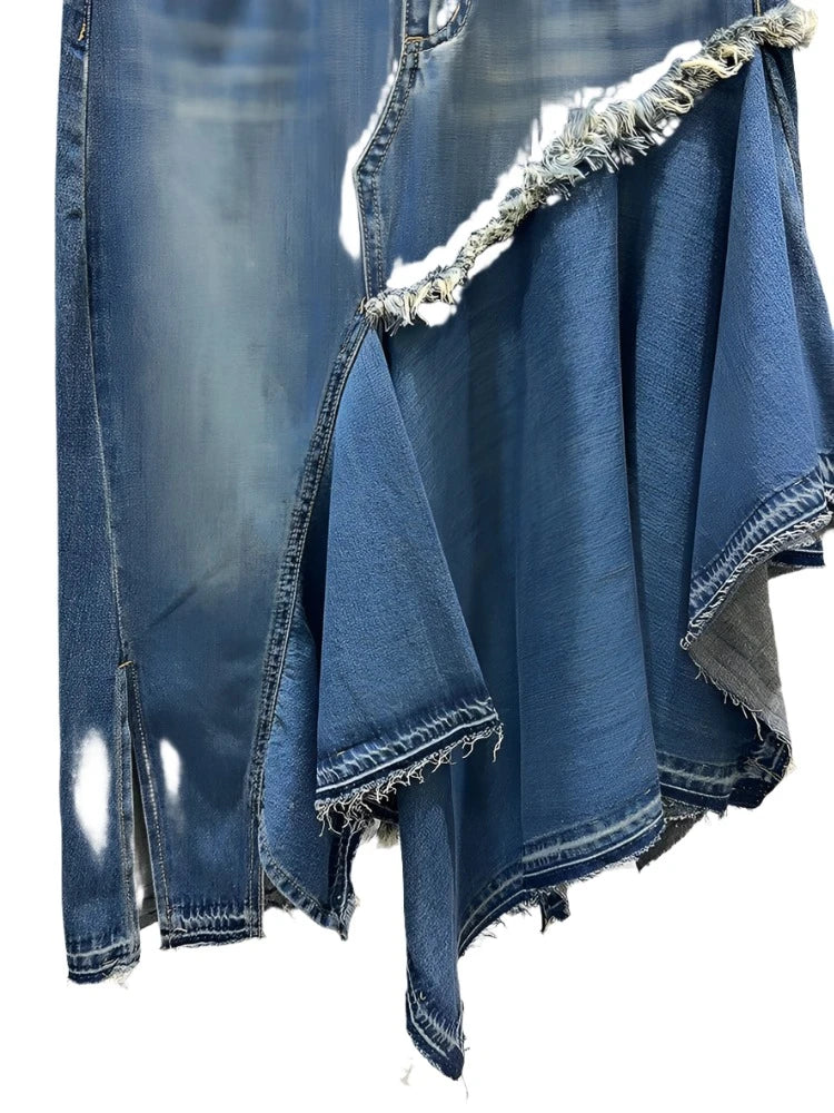 Denim Patchwork Pleated Irregular Split Denim Skirts