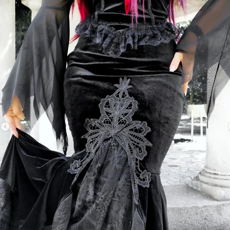 Gothic Ruffle Mermaid Lace Hem Skirt