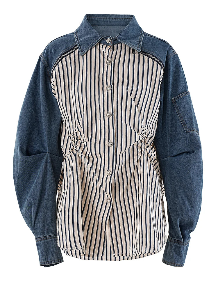 Stripe Denim Shoulder Zipper Shirts