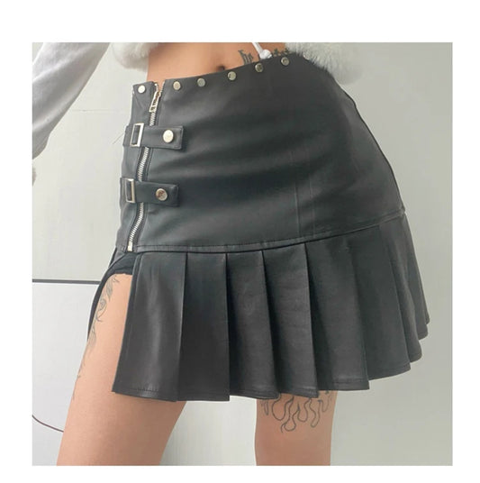 Retro White & Black Pu Leather Mini Pleated Skirt