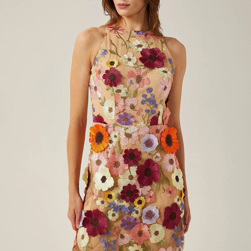 Patchwork Floral Sleeveless Mesh Dress