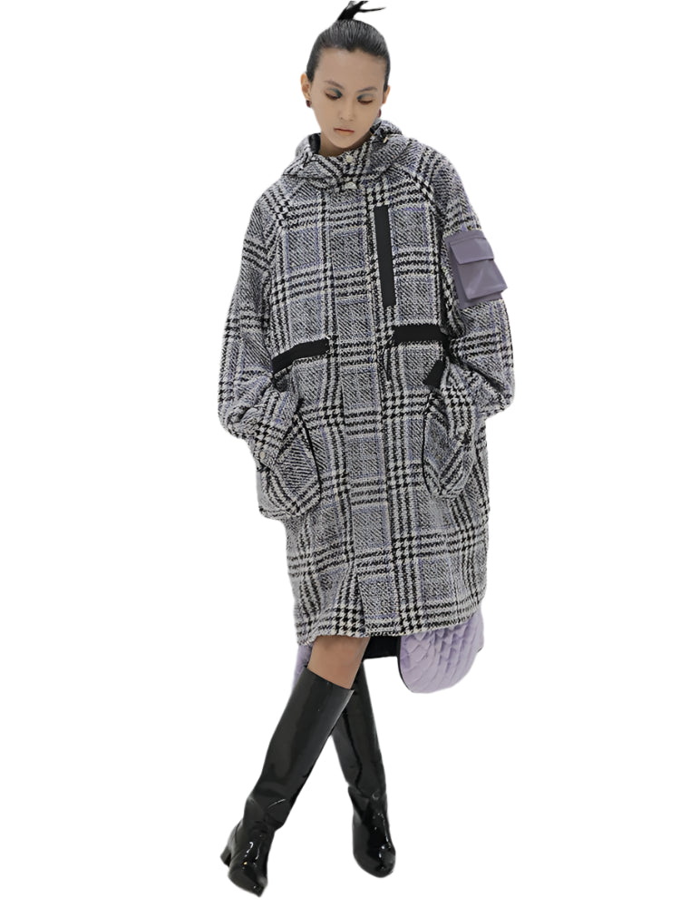 Hooded Wool Detachable Plaid Coat