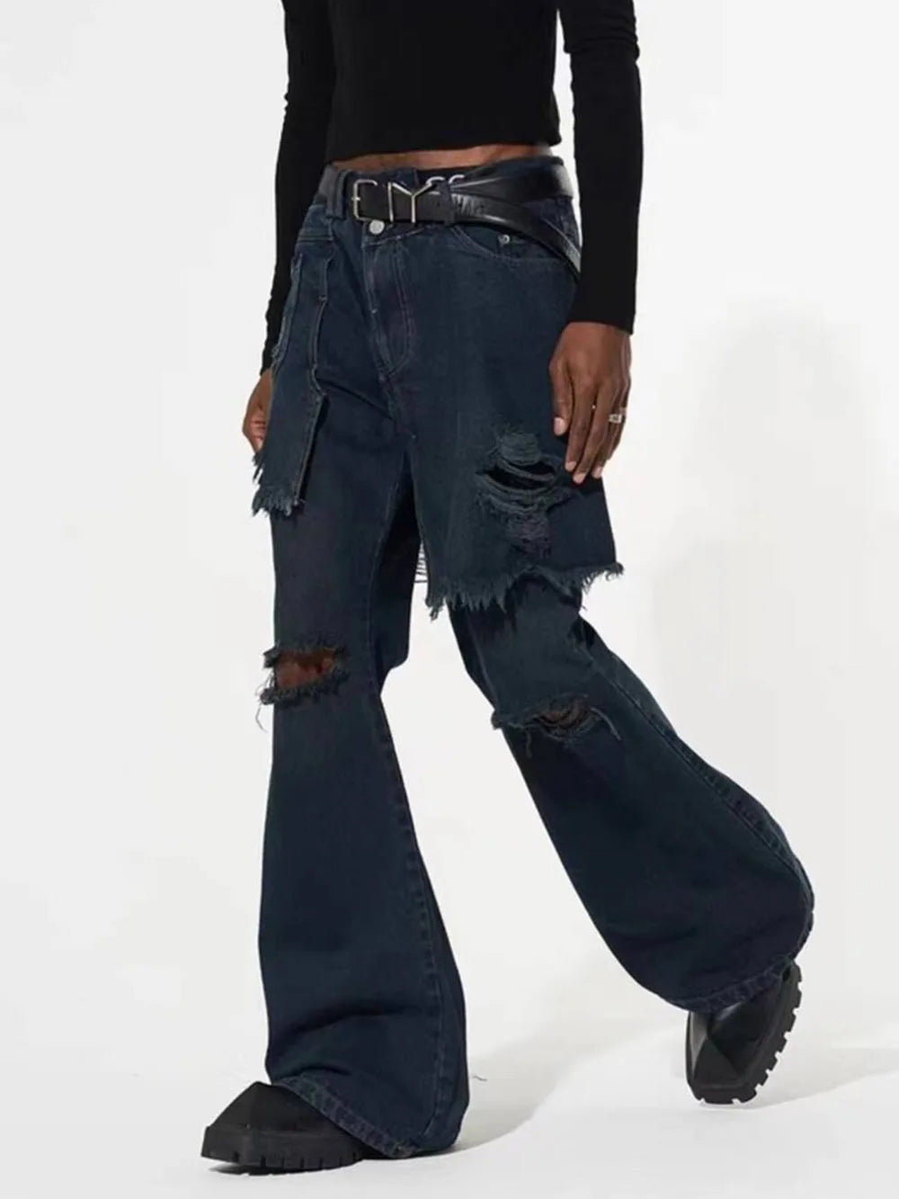 Denim Hole Skirt Flare Pants