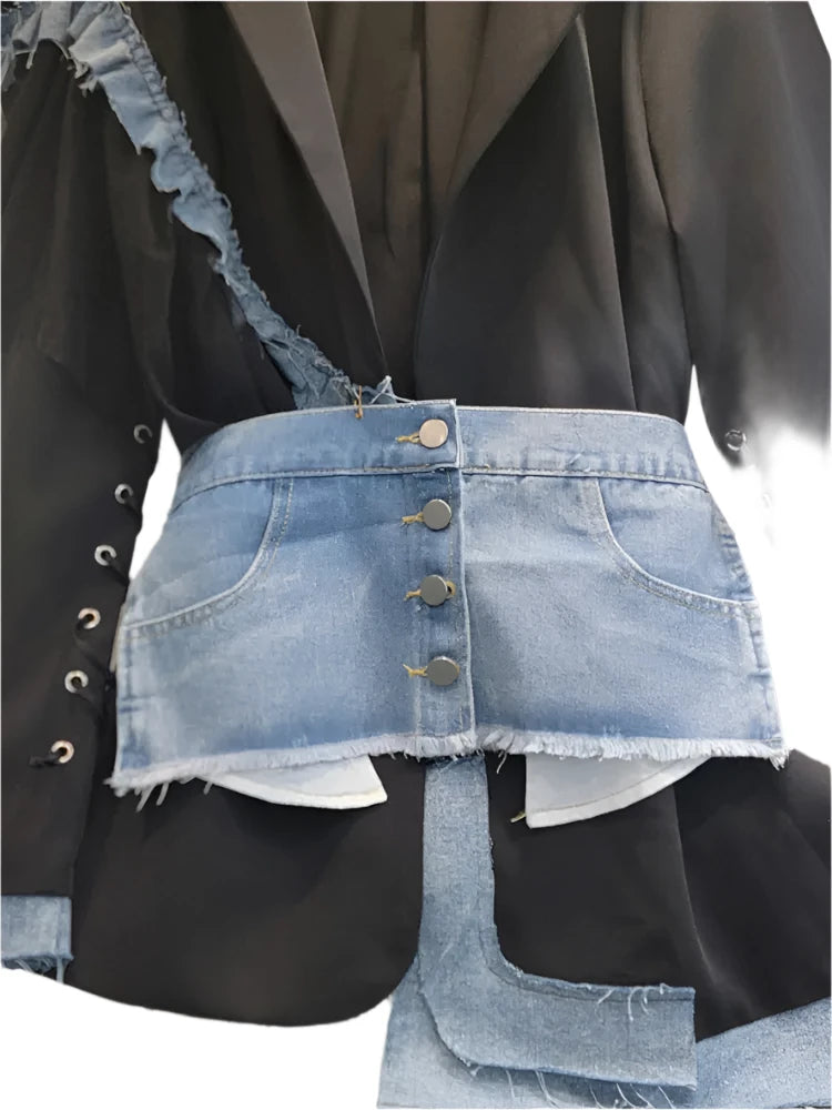 Denim Patchwork Single Buttoned Elastic Waist Blazer