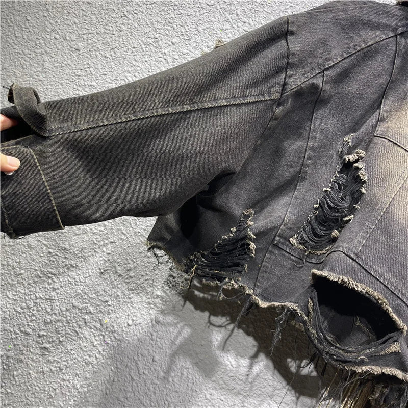 Denim Distressed Hand Frayed Patch Short Coat Jacket