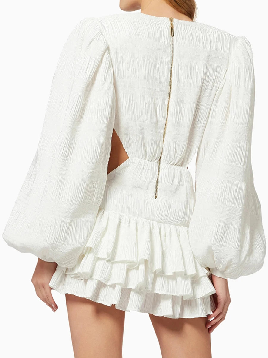 V Neck Lantern Half Sleeve Cut Out High Waist Mini Dress