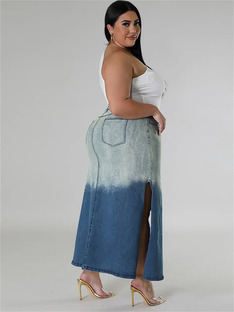 Plus Size Denim Maxi Patchwork Stretch Skirts