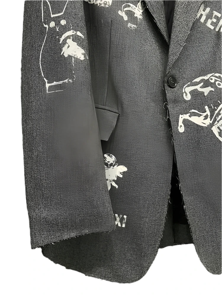 Hand Drawn Graffiti Notched Collar Grey Ruff Edge Blazer