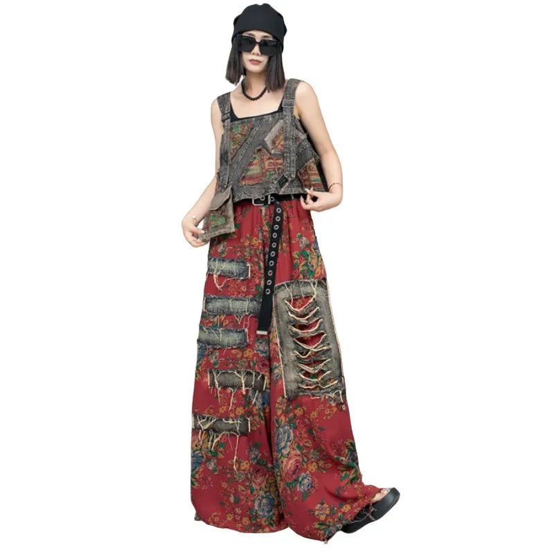 Printed Denim Suspender Vest + Wide Leg Pants Set