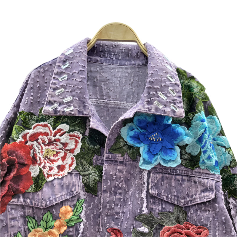 Embroidery Flowers Purple Frayed Denim Short Jeans Jacket