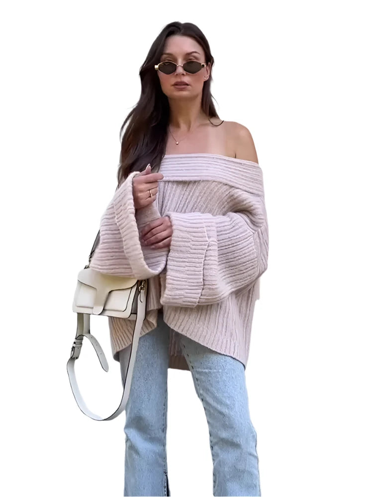 Off Shoulder Long Sleeve Loose Knit Pullover Sweater