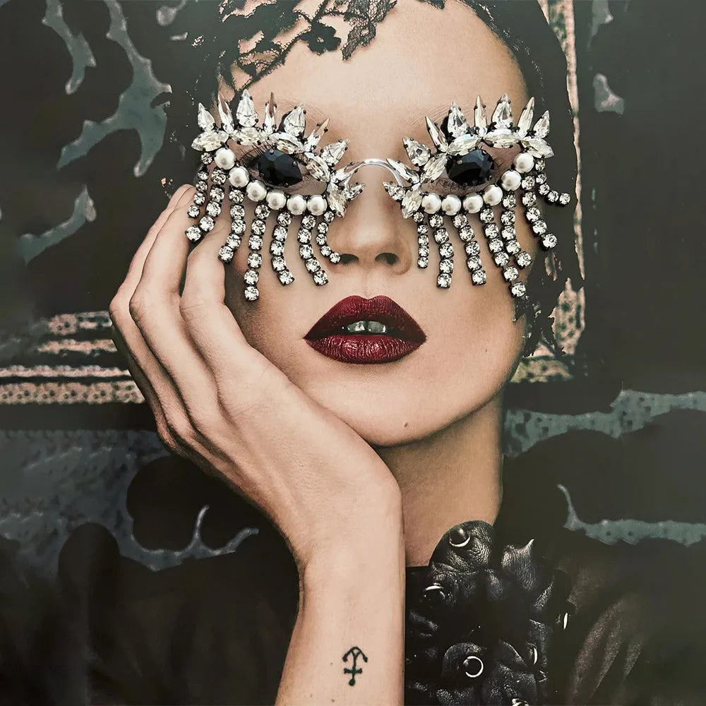 Black Evil Eye Tassel Imitation Pearl Crystal Sunglasses