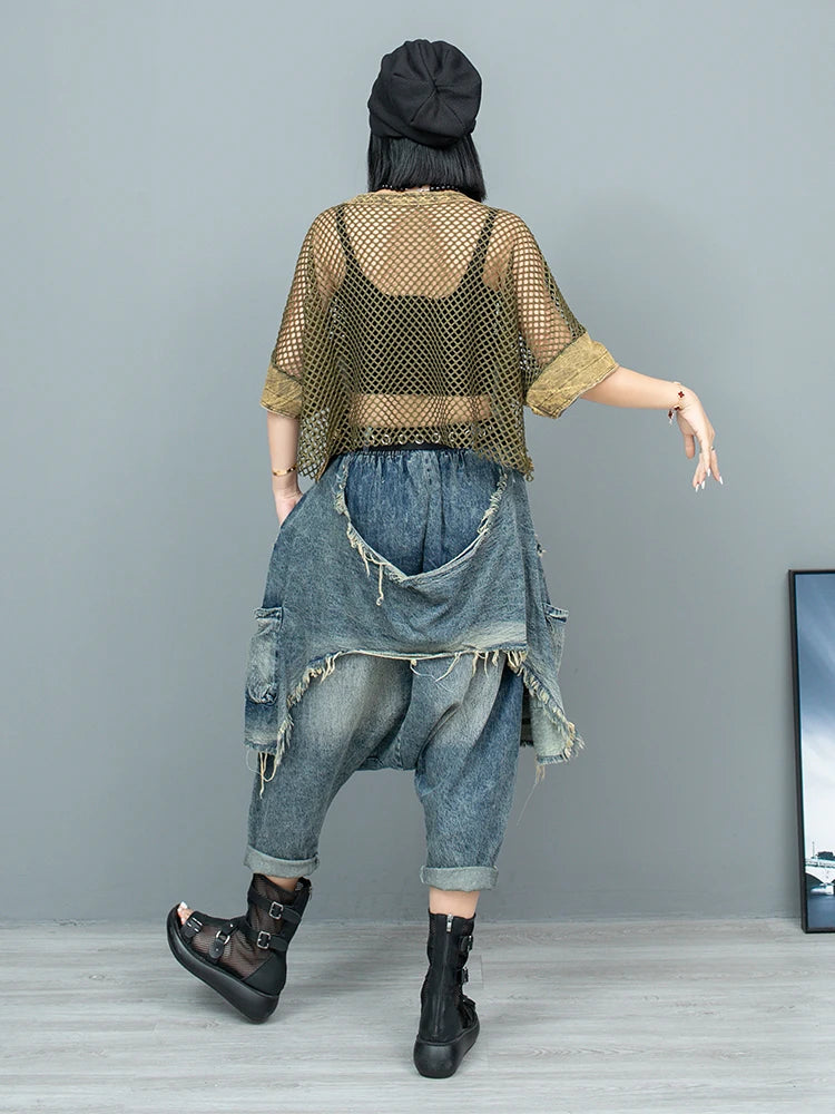 Denim Patchwork Large Crotch Pants