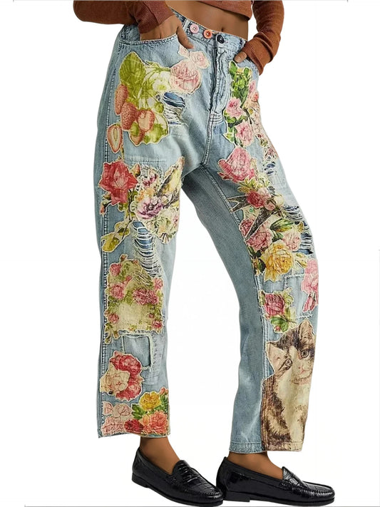 Floral Print High Waist Straight Denim Pants