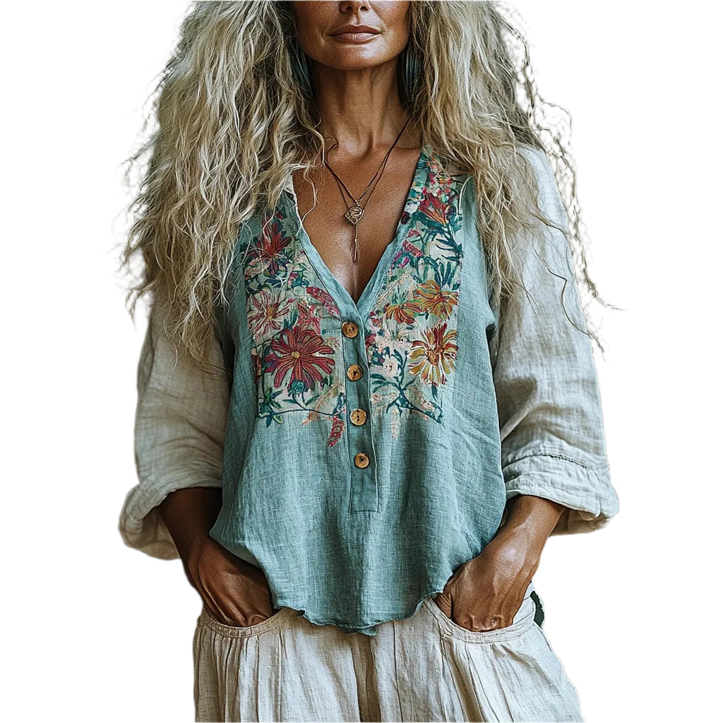 Floral Printed V-Neck Long Sleeve Bohemian Blouse