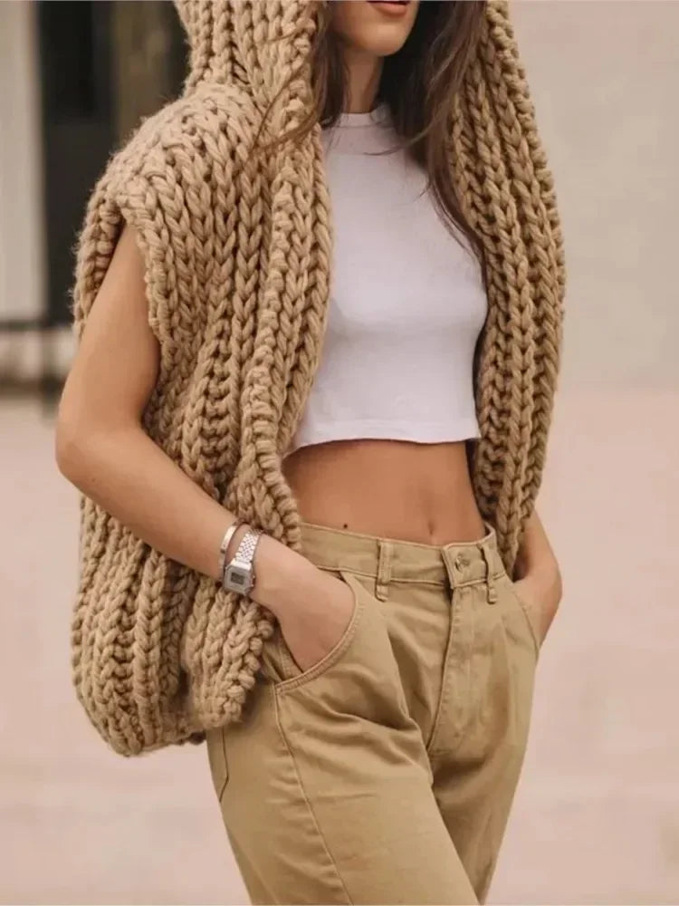 Hooded Loose Knit Sleeveless Sweater Vest