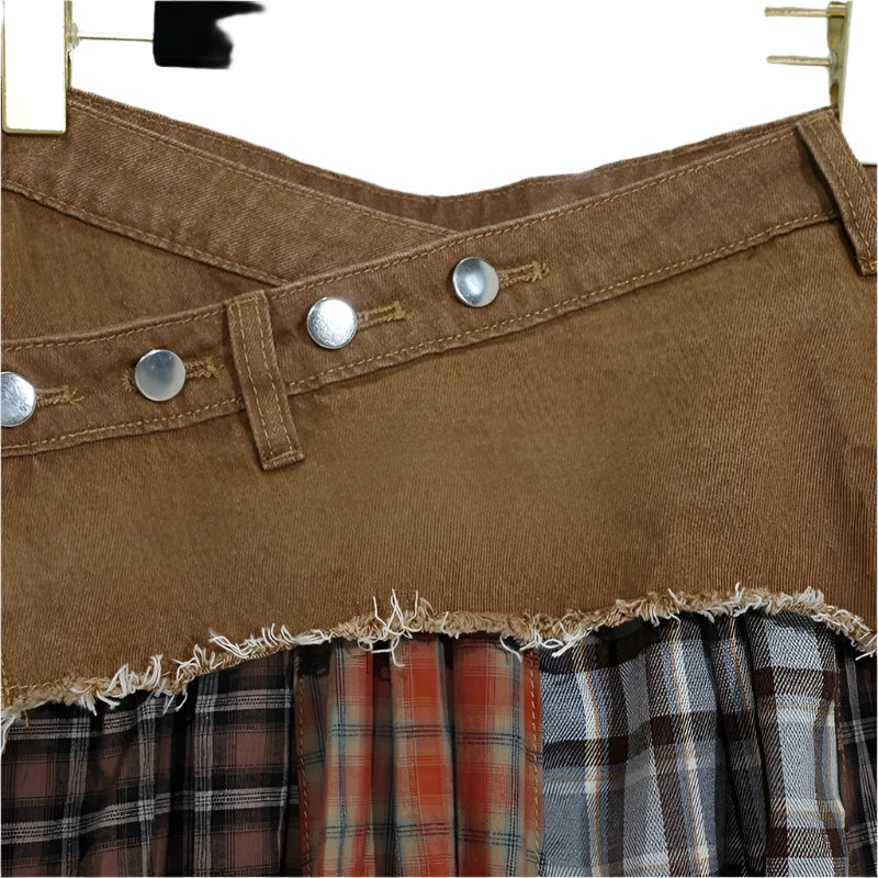 Denim Skirt Patchwork Khaki Plaid A-line Long Skirt