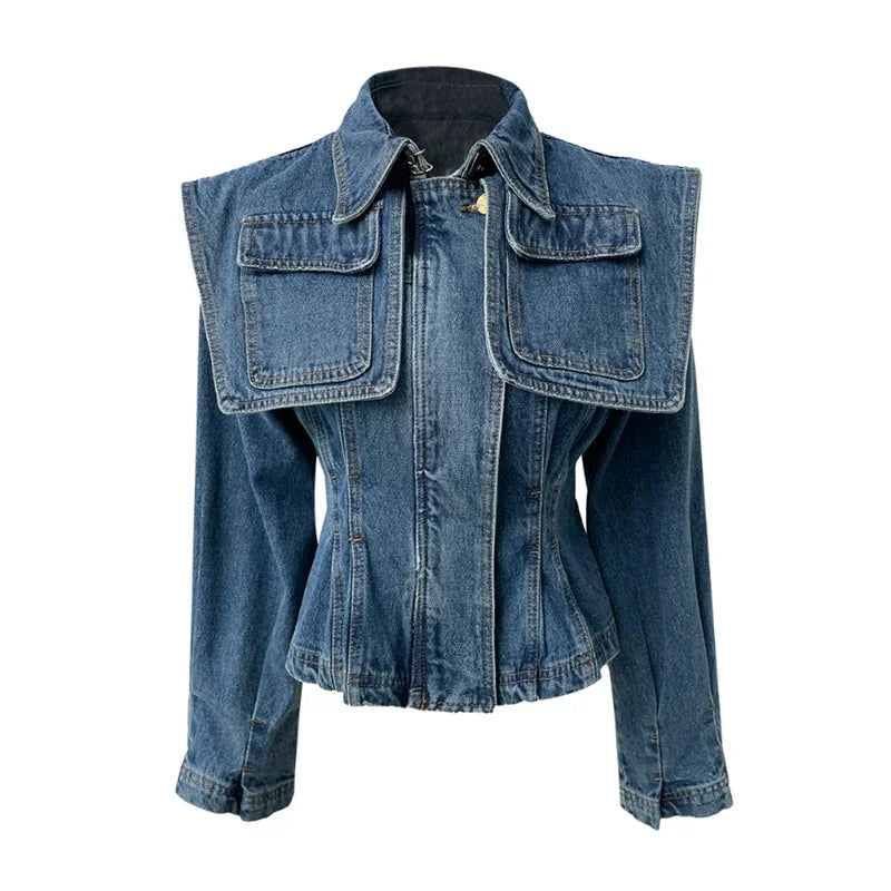 Large Lapel Shawl Pocket Denim Coat