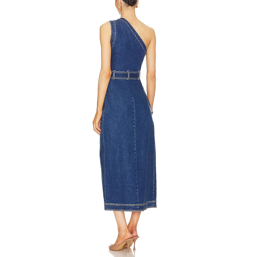 Single Shoulder High Waist Split Denim Long Dress