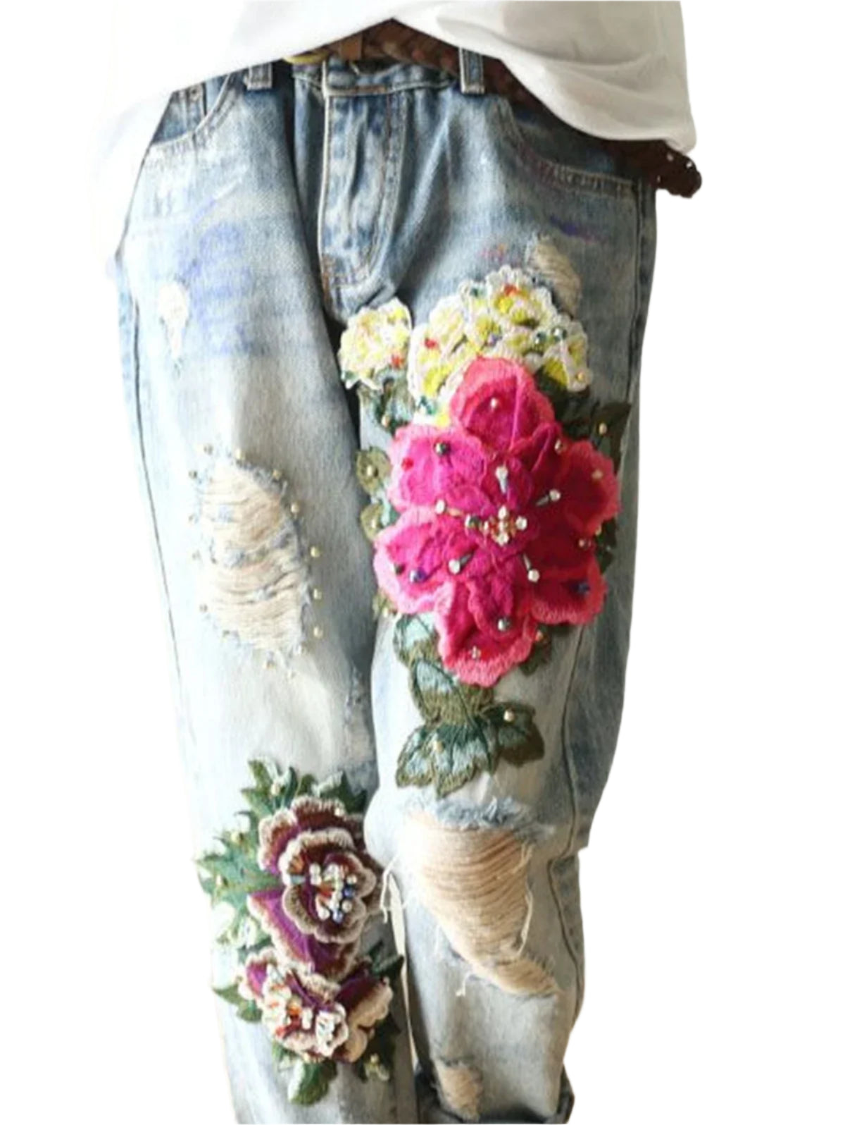 Floral Embroidery Pocket Denim Harem Pants