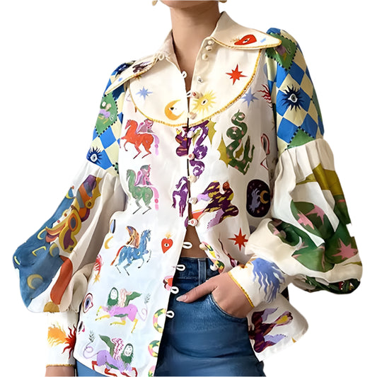 Bold Print Single Buttoned Lantern Sleeve Shirt