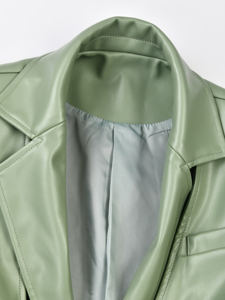 Faux Deconstruction Cross Lace Up Waist Long Sleeve Green Coat