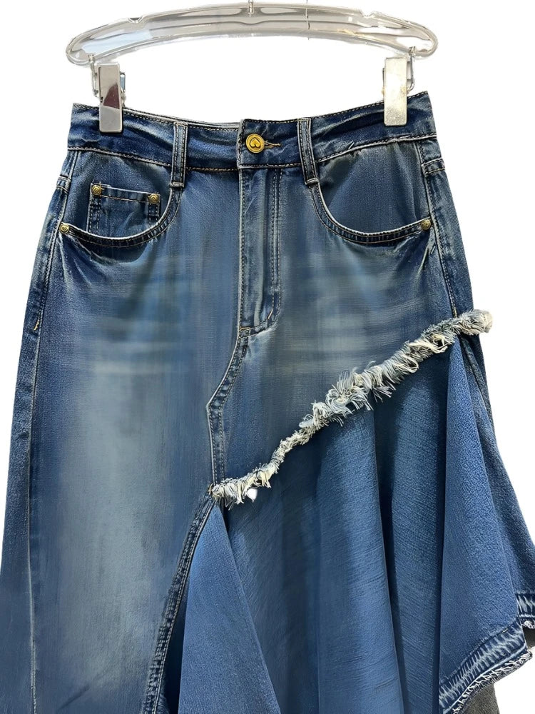 Denim Patchwork Pleated Irregular Split Denim Skirts