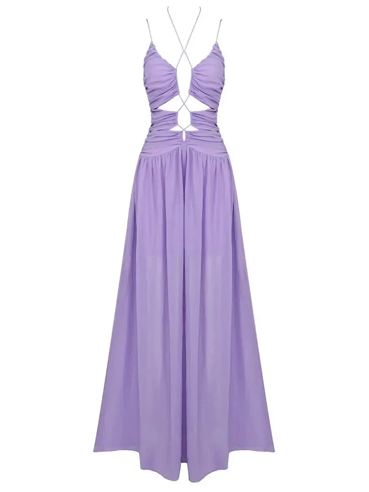 Purple Sleeveless V-neck Cut Out Chiffon Pleated Long Dress