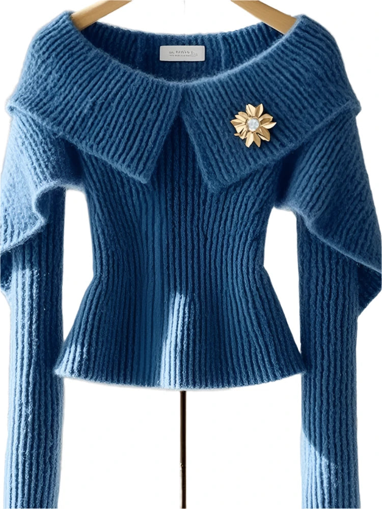 High End Blue Slim Waist Sweater