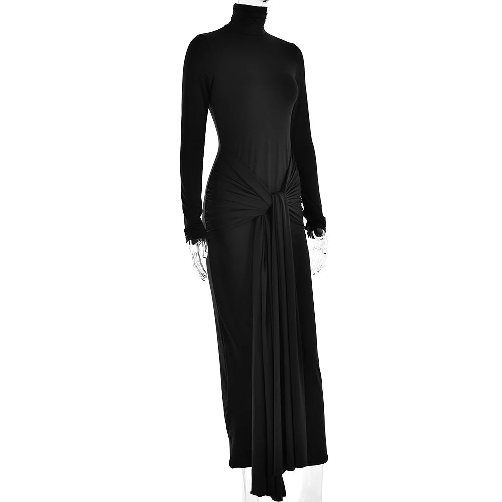 High Neck Long Sleeve Tight Elastic Lace Up Maxi Long Dress