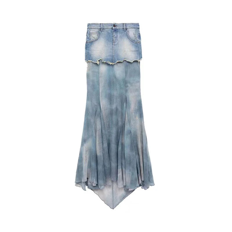 Patchwork Denim Long Skirt