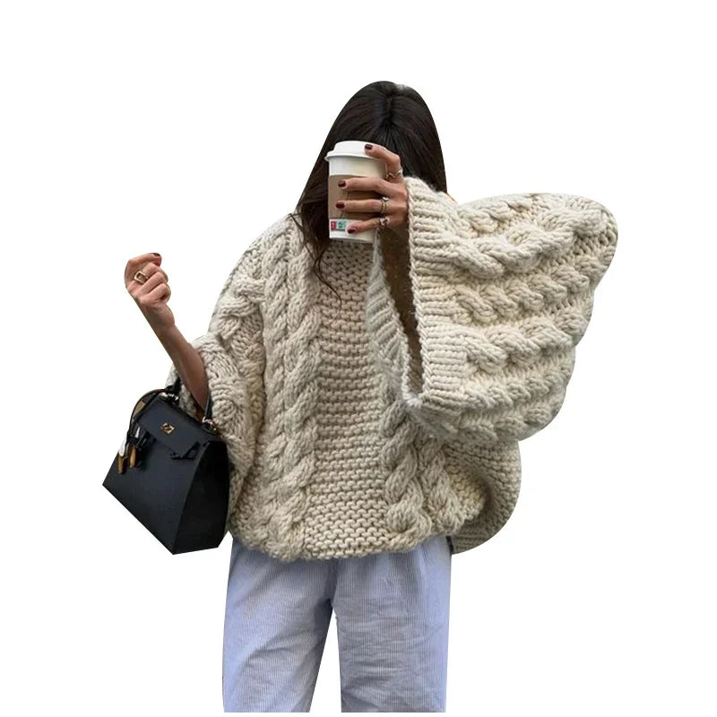 Turtleneck Knitted Oversize Pullover Twist Long Lantern Sleeve Sweater