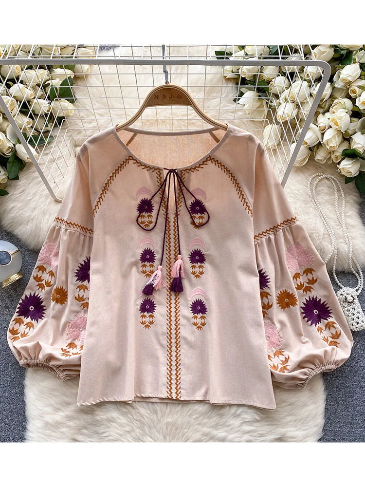 Vintage Long Sleeve Embroidered Loose Blouse