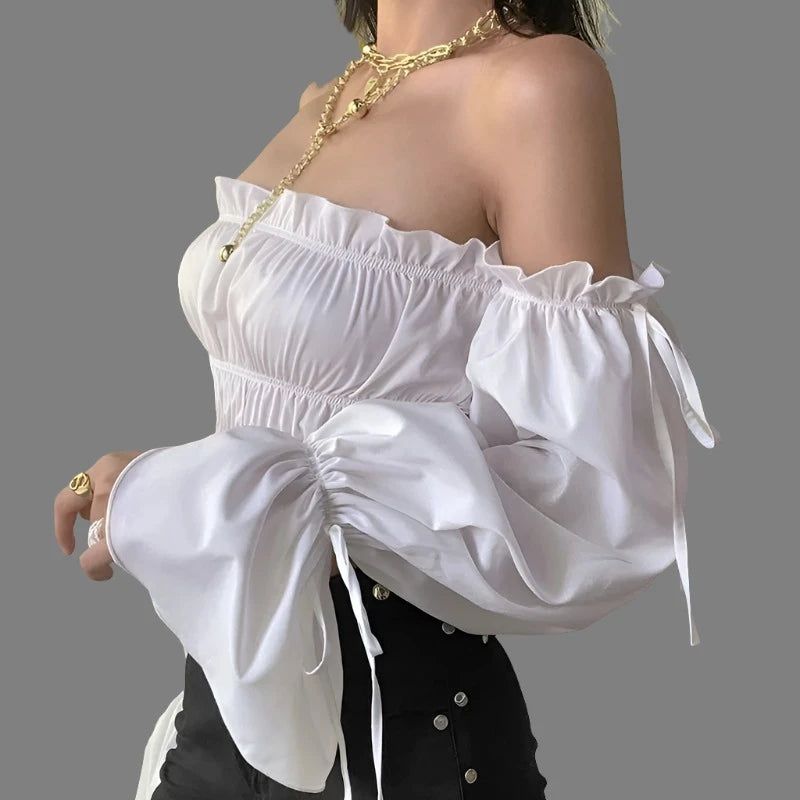 Crop Off Shoulder Long Sleeve White Ruffle Blouse