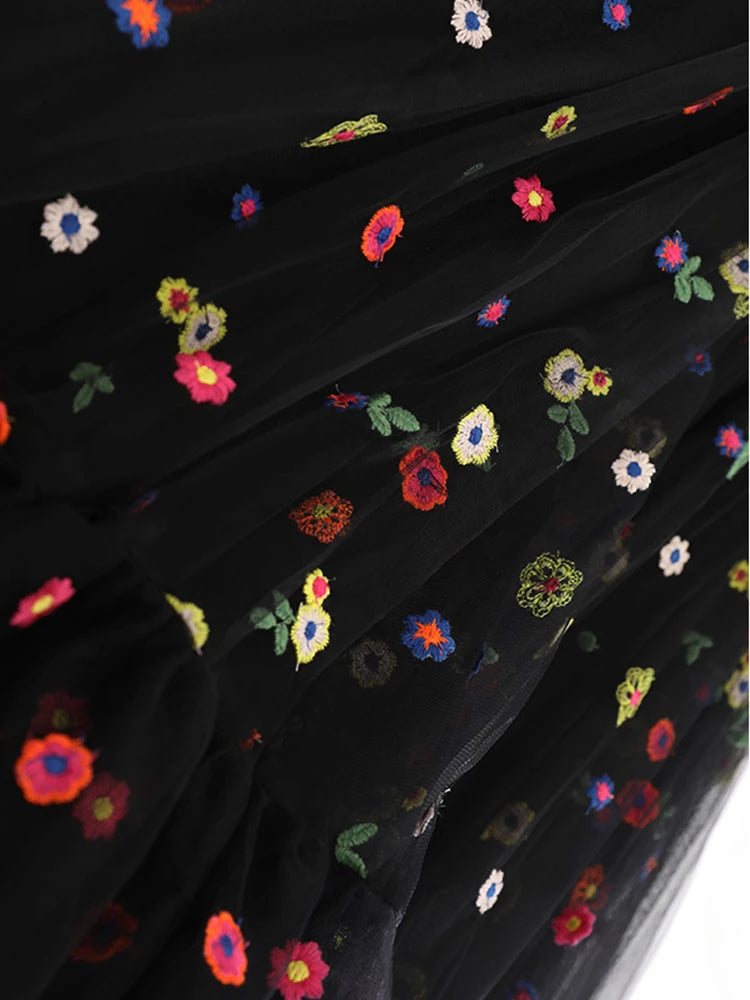 Black Flower Dot Mesh Long A-line Skirt