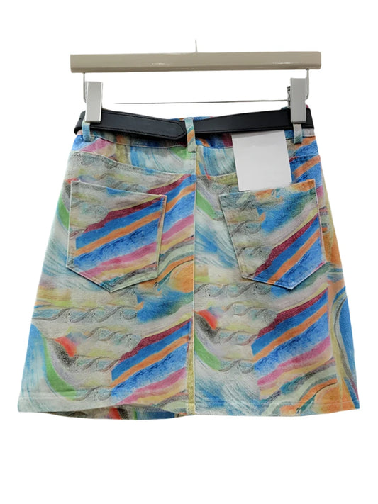 Denim Colorful Printed A-line Mini Skirt