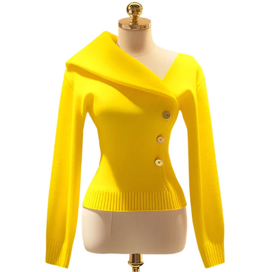 Elegant  Slim Fit Knit  Asymmetrical Lapel Sweater Pullover