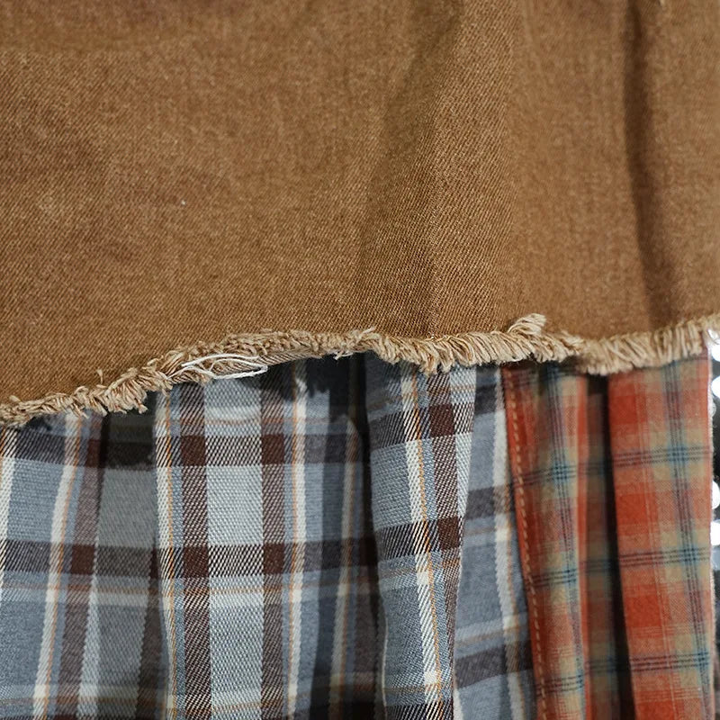 Denim Skirt Patchwork Khaki Plaid A-line Long Skirt