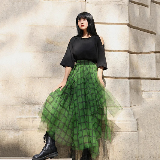 Green Plaid Print Asymmetric Elastic Waist A-line Mid-calf Skirt