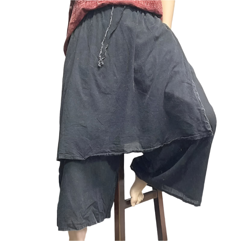 Cotton Linen Elastic Waist Loose Ankle-length Wide Leg SkirtPants