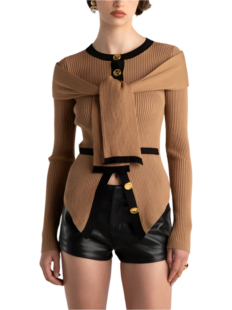 Color Patchwork Pockets Slim Sweater