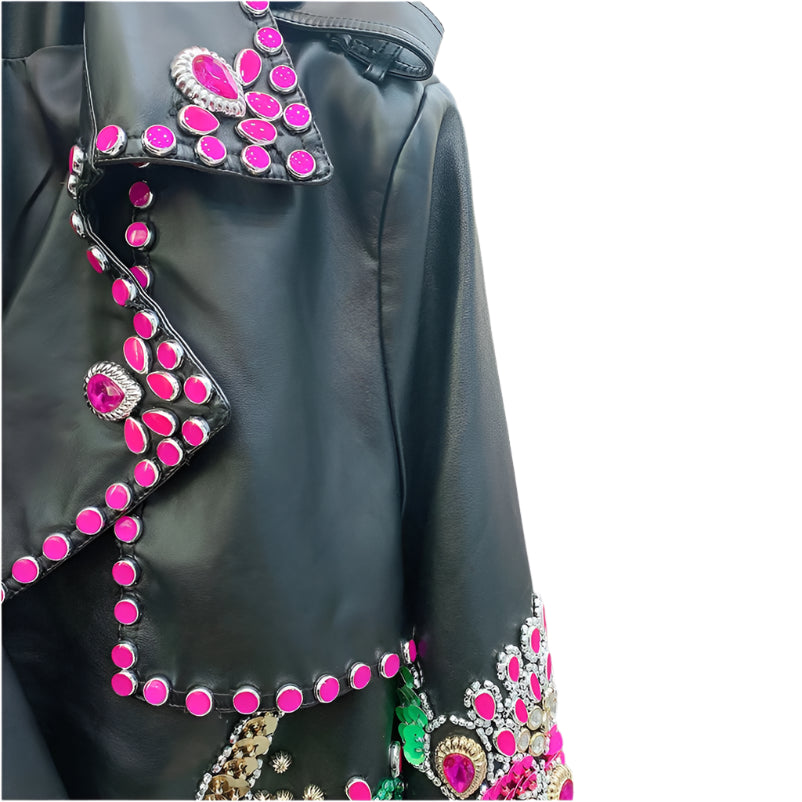 Sequins Beading Long PU Trench Coat