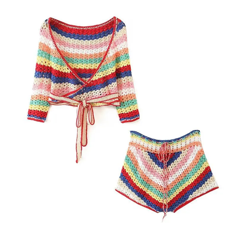 Boho Rainbow Striped Knitted Shorts Set Deep V-neck Wrap Blouse Crop Top Shorts Suit