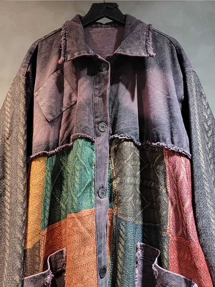 Denim  Washed Patchwork Colorful Printed Long Jacket