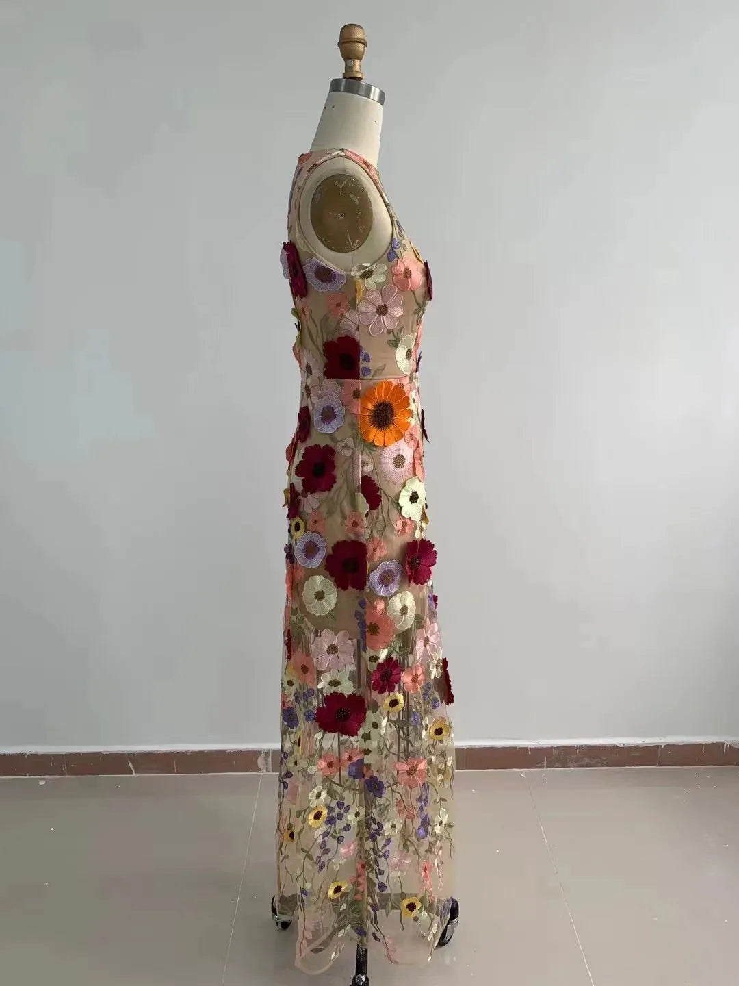 Patchwork Floral Sleeveless Mesh Dress