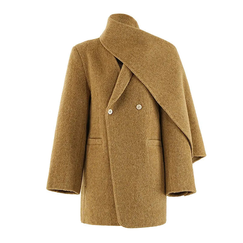 Khaki Big Size Thick Warm Wool Scarf Collar Coat