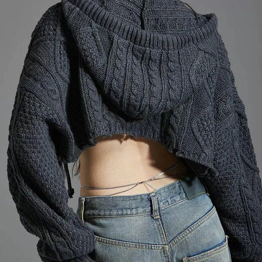 Hooded Ripped Full Sleeve Loose Crop Sweater