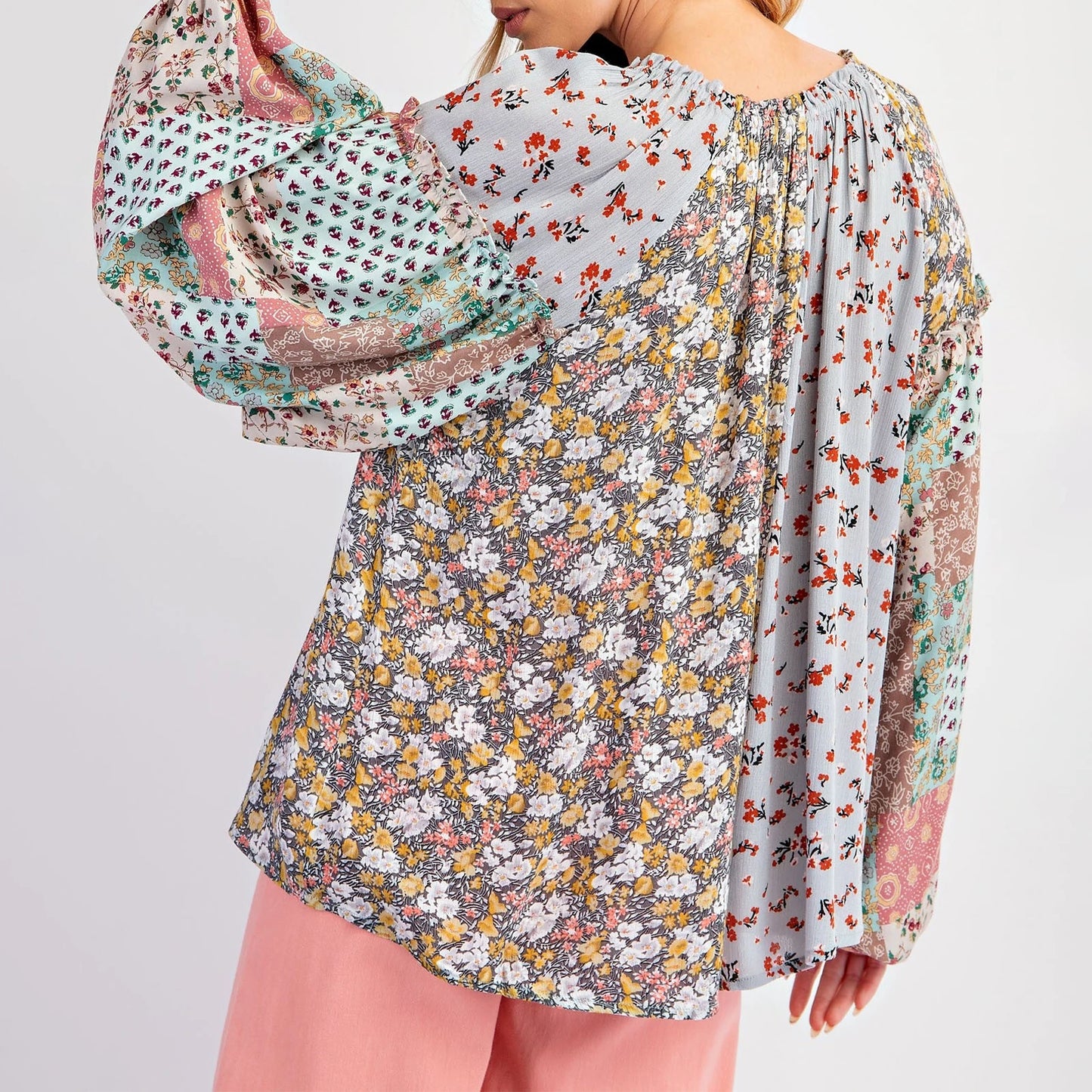 Floral Print Patchwork Long Sleeve Boho Loose Blouse