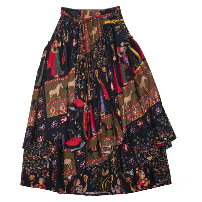 Long Maxi Cotton Linen Print Flower A-line Elastic Waist Skirt