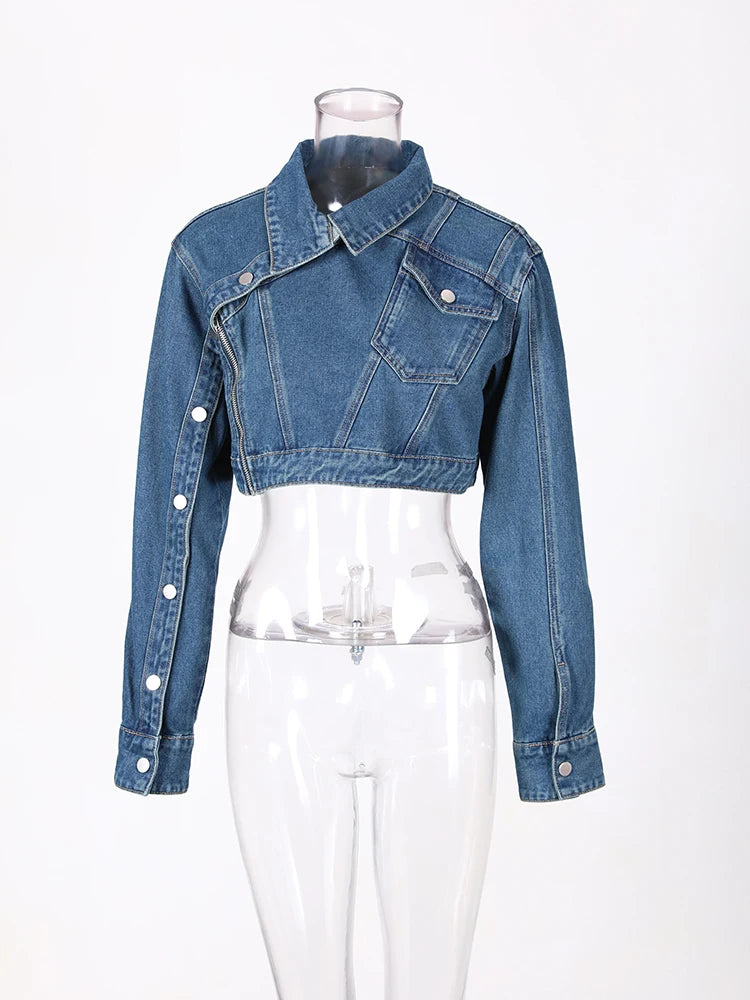 Denim  Asymmetry Zipper Long Sleeve Short Jacket